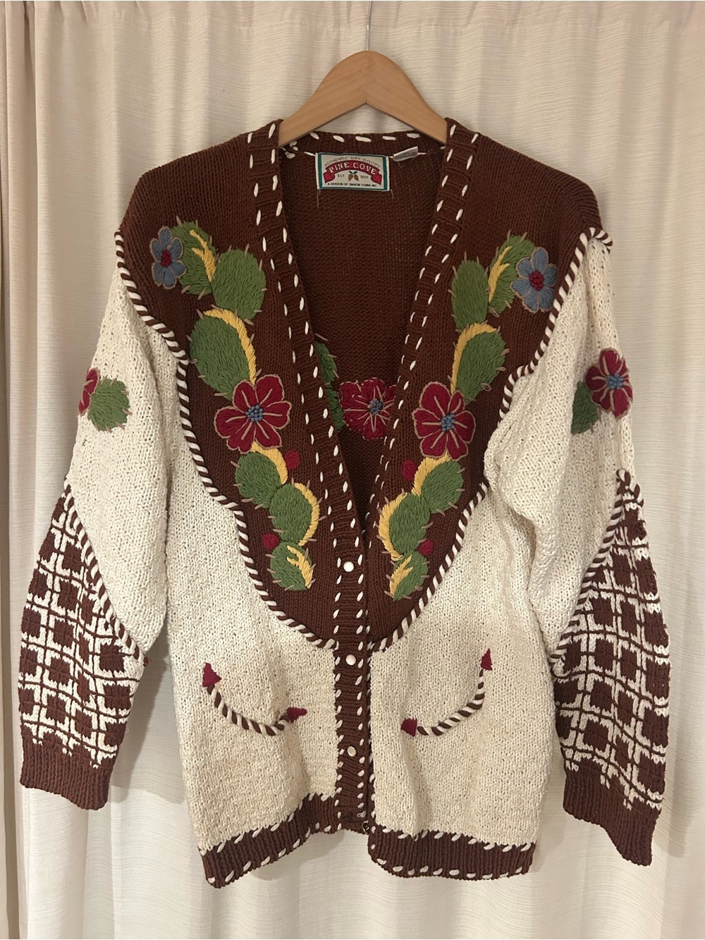 Vintage Cactus Embroidered Cable Knit Cardigan